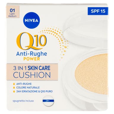 Nivea Q10 Anti-Rughe Power Cushion 3 az 1-ben színezett bőrápoló világos árnyalat - 15 g