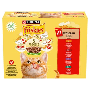 Friskies alutasak macskáknak, marha, bárány, kacsa 12x 85 g - 1020 g