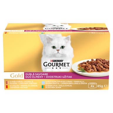 Gourmet Gold Duo Élmény felnőtt teljes értékű konzerv macskáknak, 4 ízben (4x85 g) - 340 g
