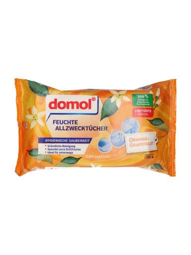 Domol univerzális nedves felülettisztító törlőkendő narancs és grapefruit illattal 2x50 db - 100 db