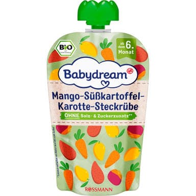 Babydream bio püré mangóval, édesburgonyával, sárgarépával és karalábéval, 6 hónapos kortól - 100 g