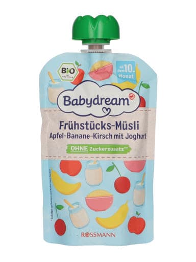 Babydream bio gyümölcs pure banán-cseresznye-joghurt-müzli 10 hónapos kortól - 100 g
