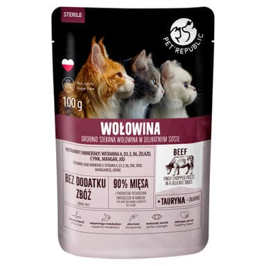 PetRepublic alutasak sterilizált macskáknak marha hússal - 100 g