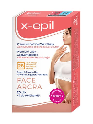 X-Epil hidratáló gélgyantacsíkok arcra hialuronsavval és kupuazu vajjal - 20 db