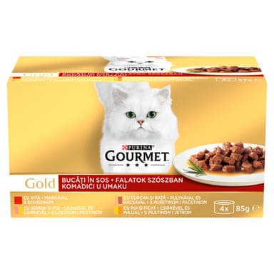 Gourmet Gold felnőtt teljes értékű konzerv macskáknak, falatok szószban 4 ízben (4x85 g) - 340 g